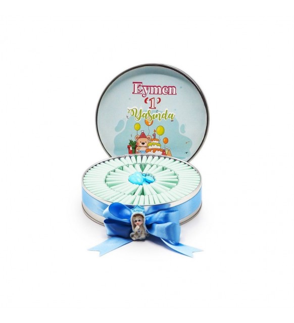 Erkek Bebek Çikolatası Metal Yuvarlak Kutu 1 Yaş Baskılı (80 Adet Napoliten Çikolata)