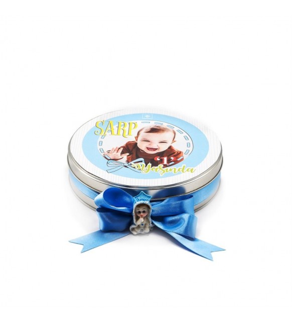 Erkek Bebek Çikolatası Metal Yuvarlak Fotoğraf Baskılı (80 Adet Napoliten Çikolata)