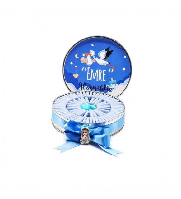 Erkek Bebek Çikolatası Metal Yuvarlak Leylek Baskılı (80 Adet Napoliten Çikolata)
