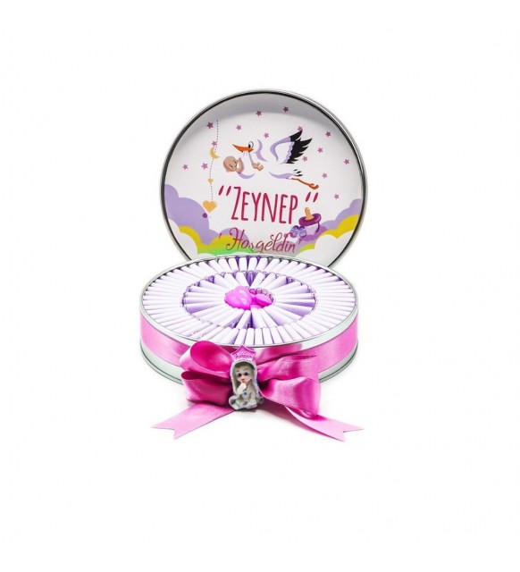 Kız Bebek Çikolatası Metal Yuvarlak Kutu Leylek Baskılı (80 Adet Napoliten Çikolata)