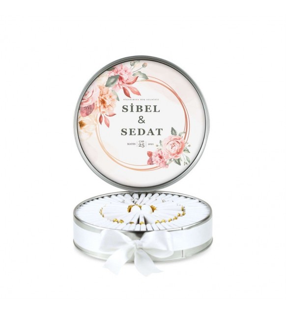 Söz Nişan Çikolatası Metal Yuvarlak Kutu Gül Desenli (80 Adet Dökme Napoliten Çikolata)