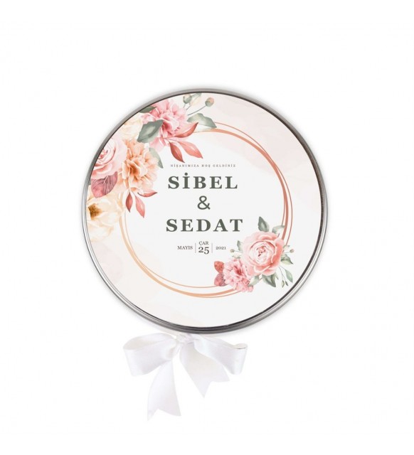 Söz Nişan Çikolatası Metal Yuvarlak Kutu Gül Desenli (80 Adet Dökme Napoliten Çikolata)