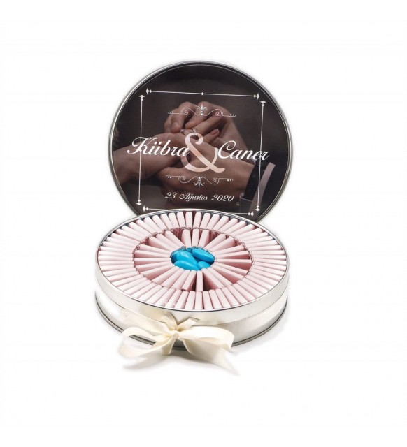 Söz Nişan Çikolatası Metal Yuvarlak Kutu Yüzük Baskılı (80 Adet Dökme Napoliten Çikolata)