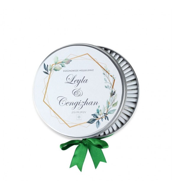 Söz Nişan Çikolatası Metal Yuvarlak Kutu Yeşil Desenli (80 Adet Dökme Napoliten Çikolata)