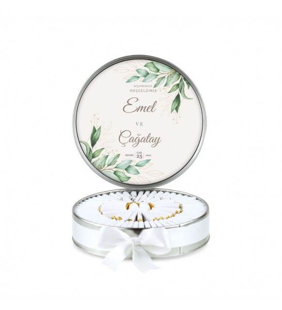 Söz Nişan Çikolatası Metal Yuvarlak Kutu Yeşil Çiçek Desenli (80 Adet Dökme Napoliten Çikolata)