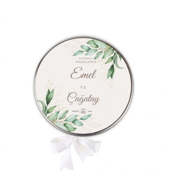 Söz Nişan Çikolatası Metal Yuvarlak Kutu Yeşil Çiçek Desenli (80 Adet Dökme Napoliten Çikolata)
