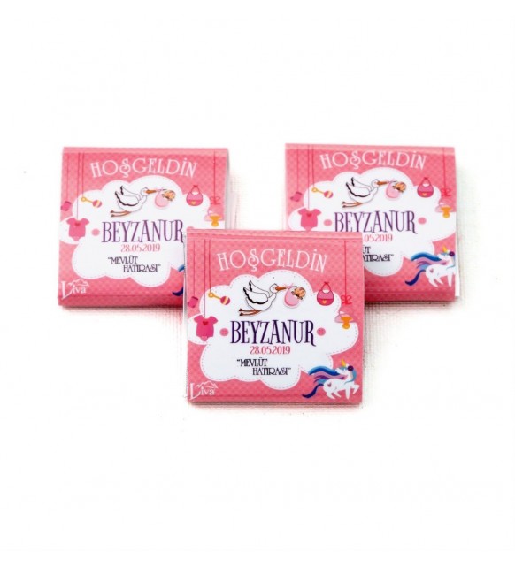 Kız Bebek Çikolatası - İsimli Bebek Çikolatası 150 adet Napoliten Çikolata ( Leylek Tasarımlı )
