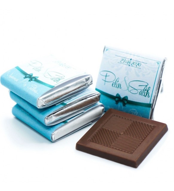 Söz Nişan Çikolatası Metal Yuvarlak Kutu Mavi Kurdela Baskılı (80 Adet Dökme Napoliten Çikolata)